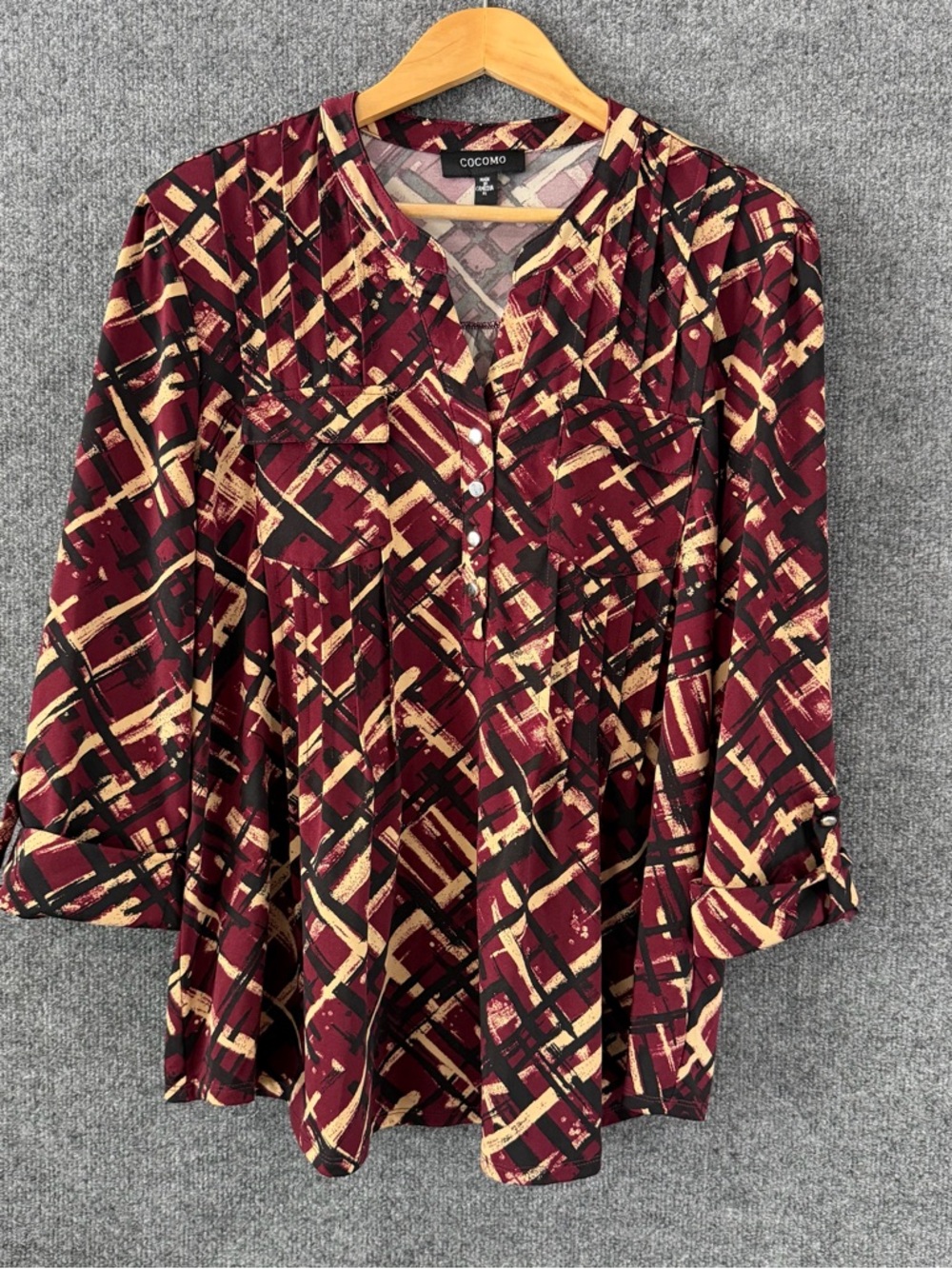 Cocomo Womens Burgundy Tan printed Top Size XL 3/4 Sleeve Office Career Stretch